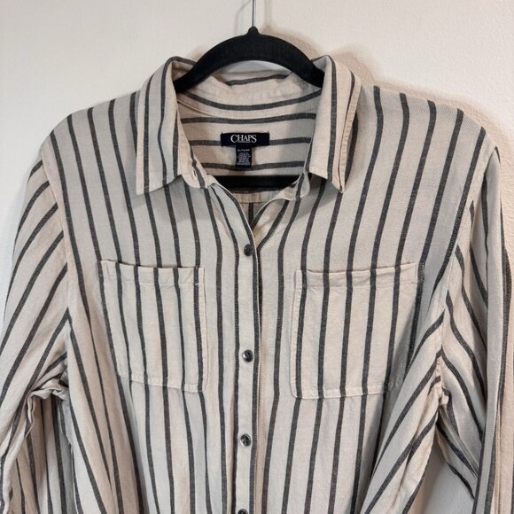 Chaps Shirt Dress XL Long Sleeve Button Front Linen Striped Belted White Gray - Picture 2 of 9
